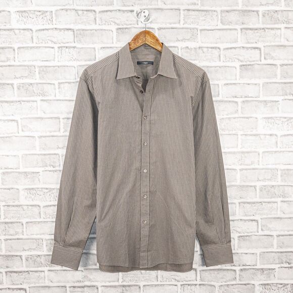 Z Zegna Men's City Fit Button up Shirt in Gray tan striped cotton size 16 - Picture 1 of 7
